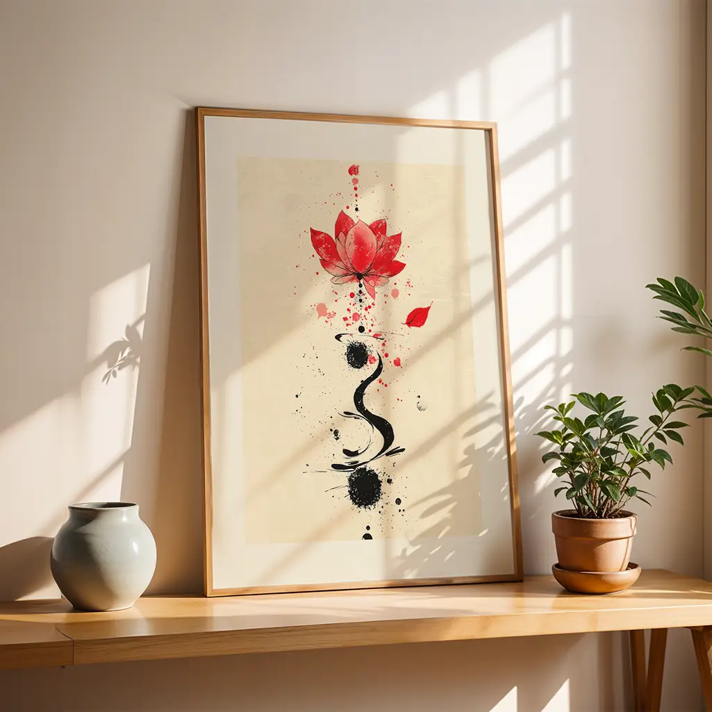 Unalome lotus art print in a light wood frame resting on a wooden shelf next to a grey vase and potted plant, bathed in sunlight.