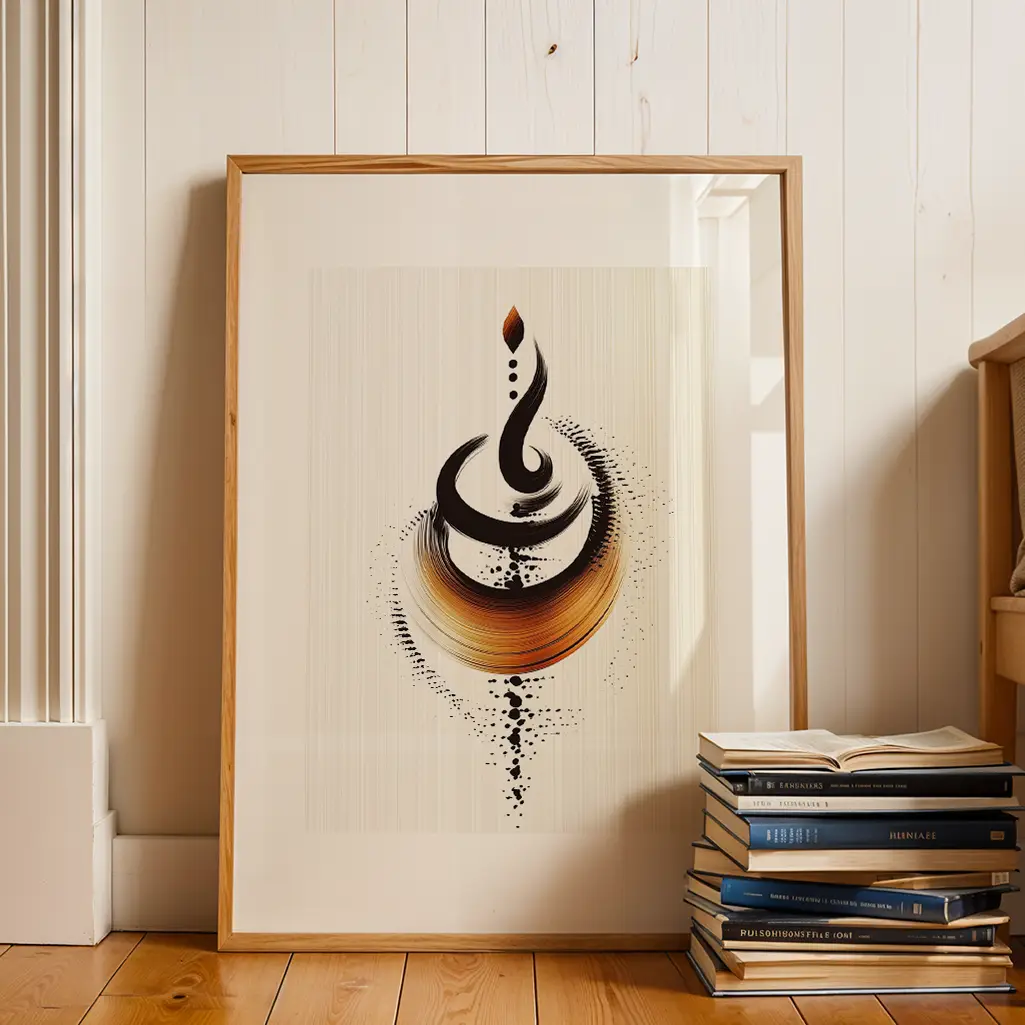 A framed print of abstract black and amber art rests against a white wooden wall, with a stack of books beside it on a wooden floor.