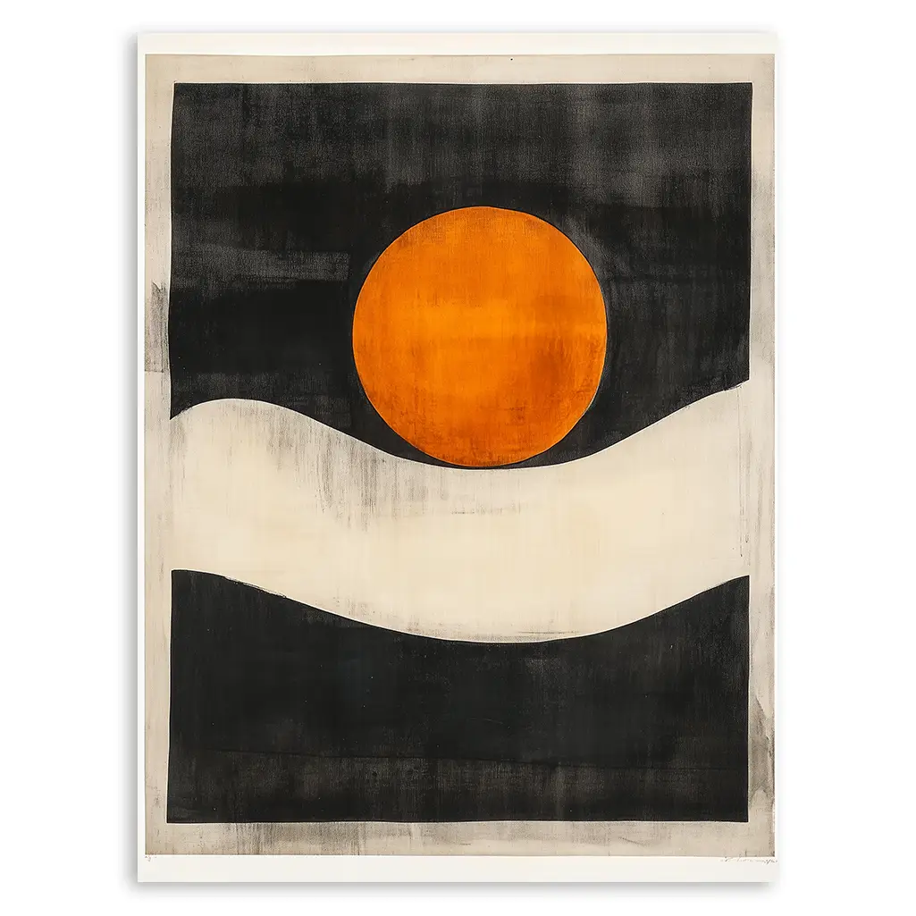 Close-up of a Japandi-style abstract art print with a red circle and black and white waves.