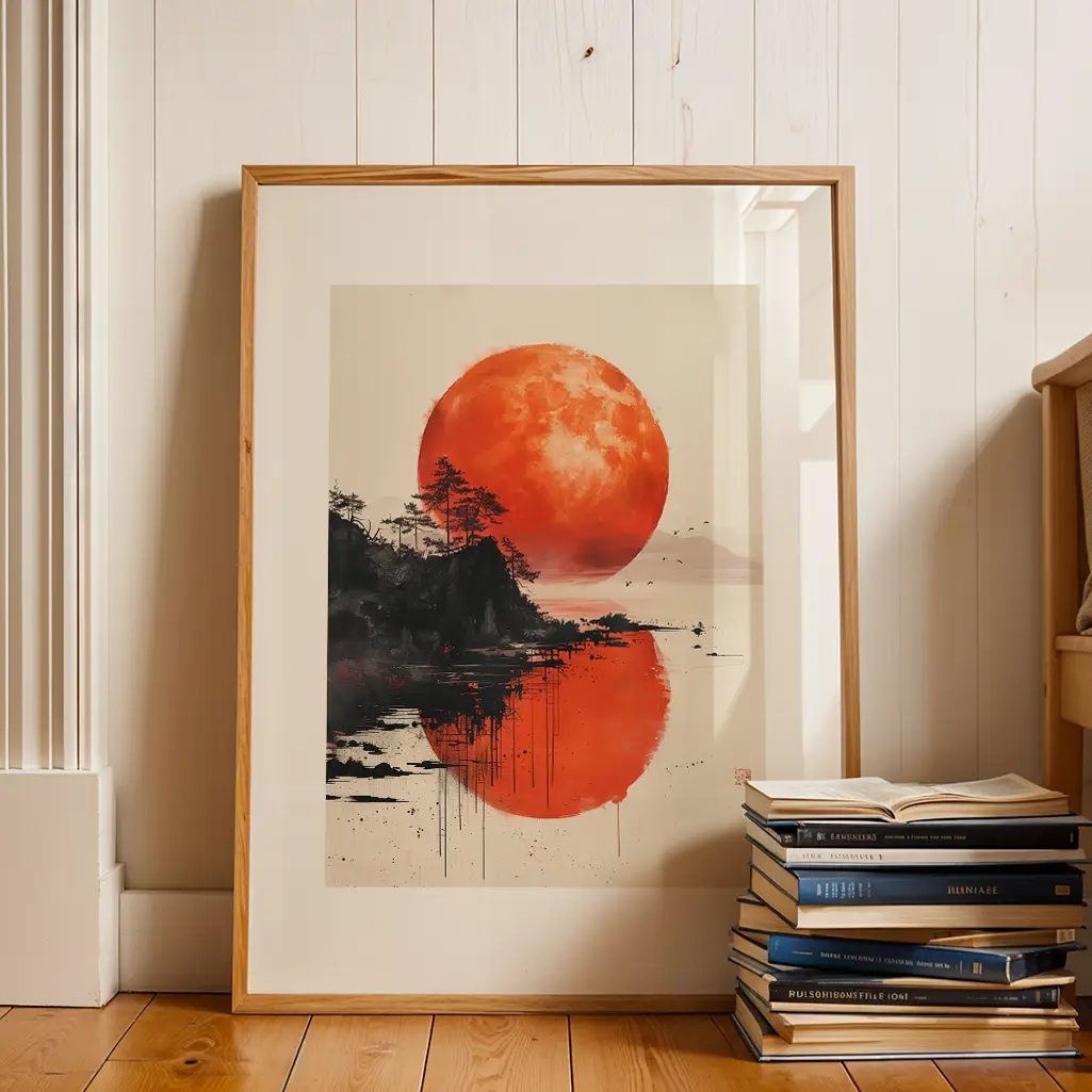 Framed sumi-e print with a red moon and dark shoreline, reflecting on water, placed on a wooden floor next to a stack of books.