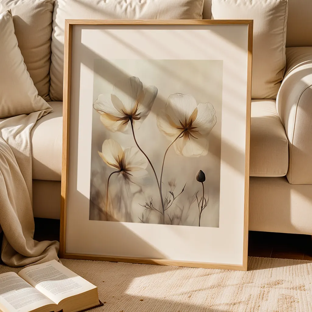 Framed botanical print leaning against a light cream sofa with pillows, an open book on the rug.