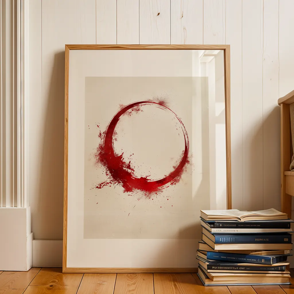 Framed red Ensō print leaning against a white paneled wall, with a stack of books on a wooden floor.