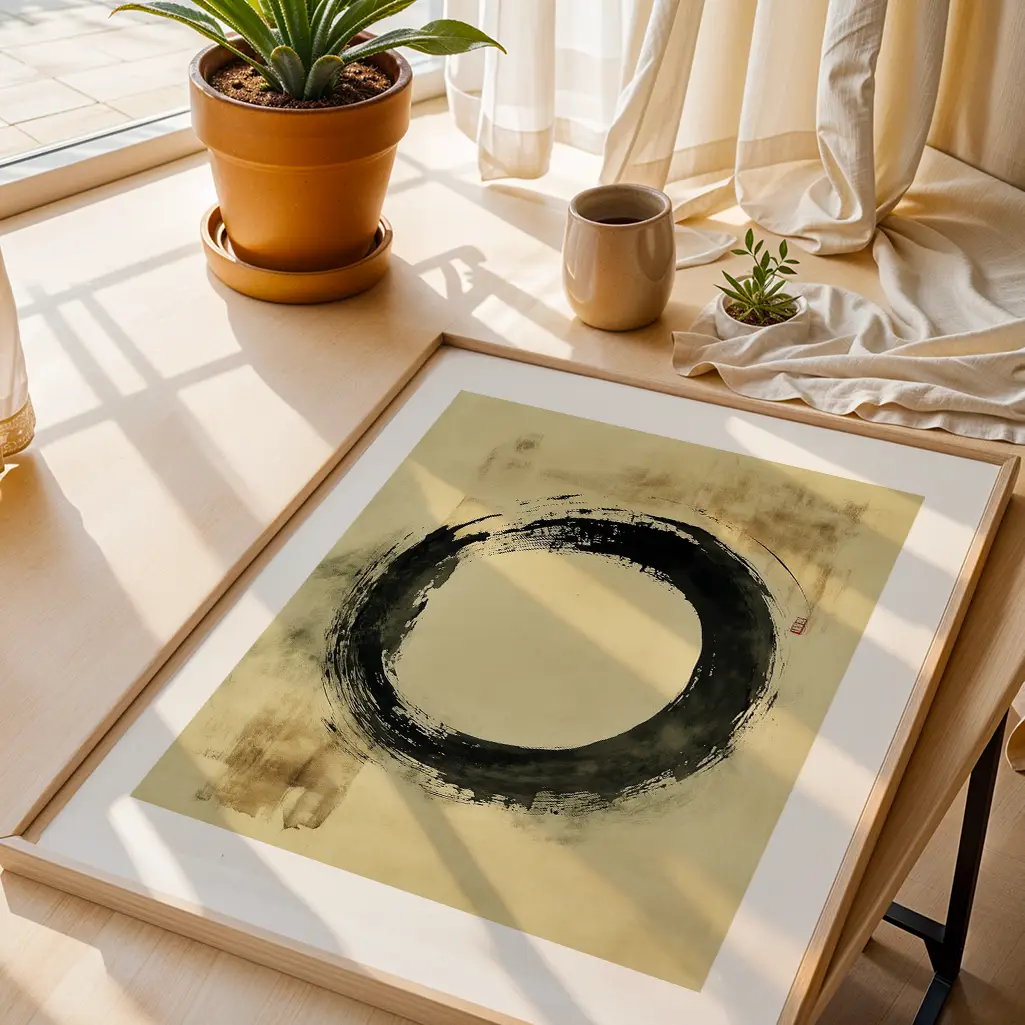 Black Ensō print in a wooden frame lying on a light wood surface, with a potted plant and cup in the background.