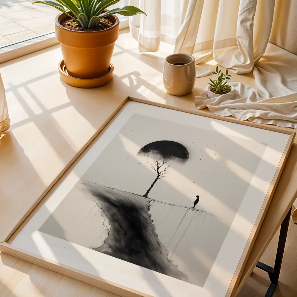 Overhead view of the framed Sumi-e print on a wooden surface, with a potted plant and cup nearby.