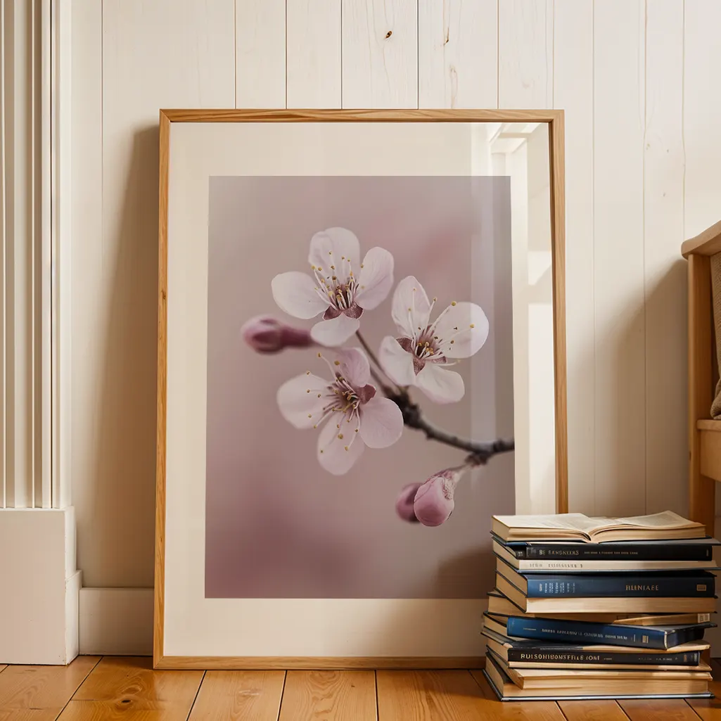 Framed cherry blossom print leaning against a white wooden wall on a wooden floor, with a stack of books nearby.