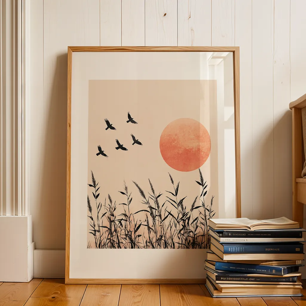 Framed print on a wooden floor in a room with white paneled walls, with a stack of books beside it.