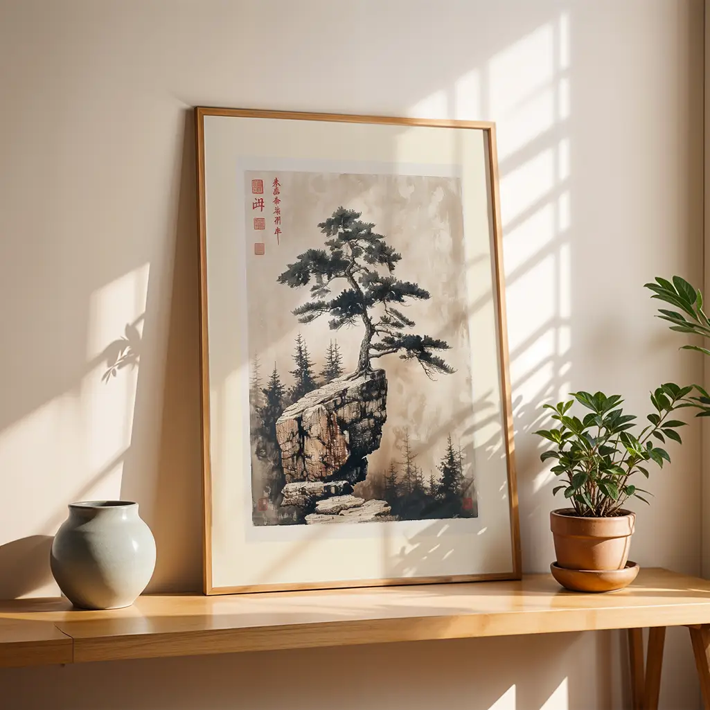 Framed Sumi-e print of a pine tree on a cliff, standing on a wooden shelf next to a plant and vase.
