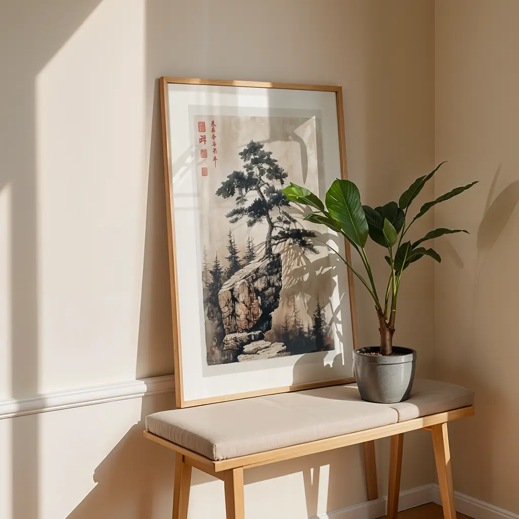 Framed Sumi-e print of a pine tree on a cliff, leaning against a wall next to a green plant on a bench.