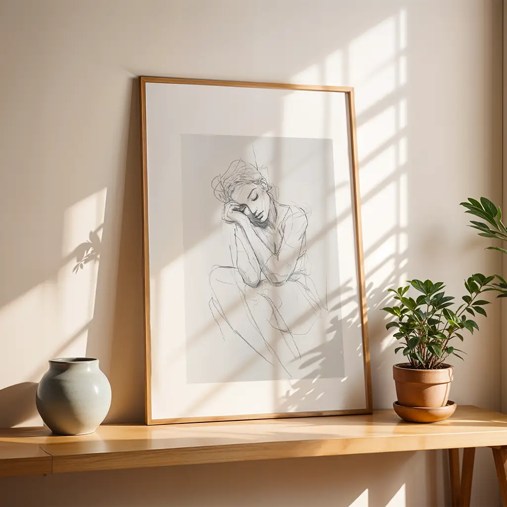 Framed sketch of a resting woman on a light wooden shelf next to a plant and a ceramic vase, with sunbeams.