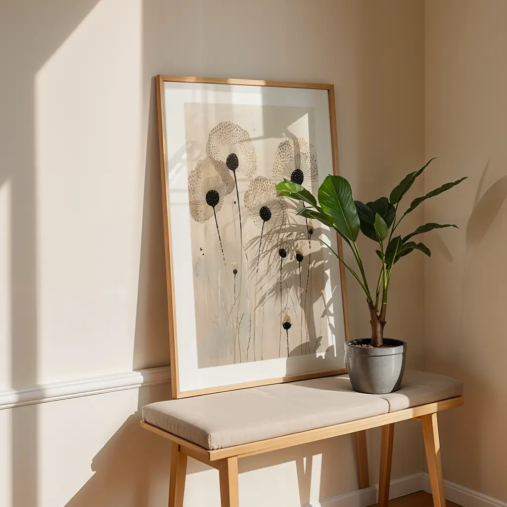 Large framed botanical print of stylized dandelions displayed in a cozy hallway with a light wooden bench and potted plant.
