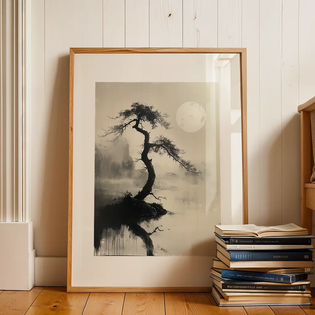 Framed sumi-e print of a gnarled tree and full moon resting on a wooden floor against a white paneled wall, with a stack of books to the right.