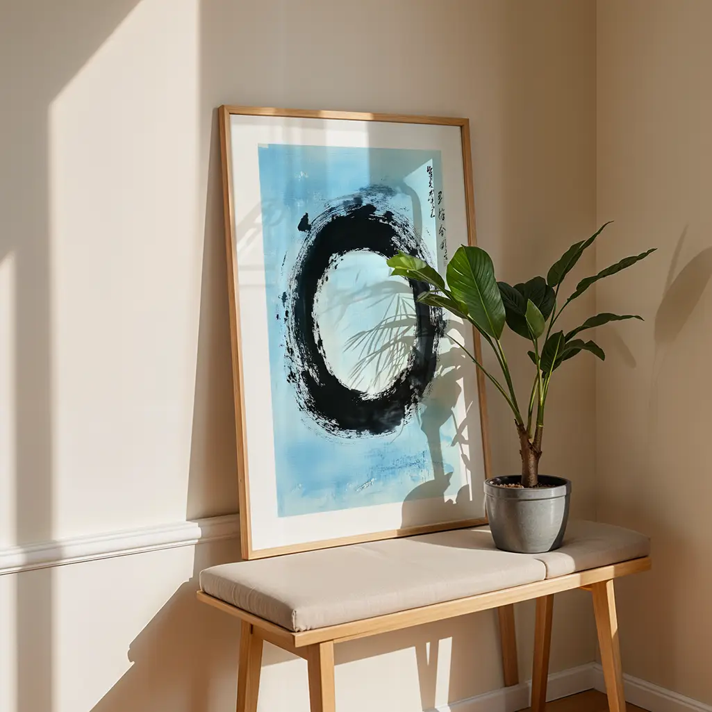 Large framed Ensō print with a black circle on blue, next to a potted plant on a bench in a sunlit room.