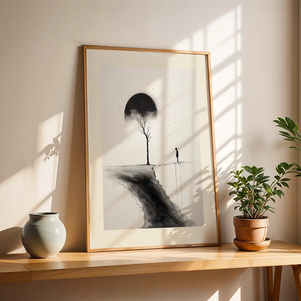 Framed Sumi-e print on a light wooden shelf in sunlight, next to a plant and a decorative vase.