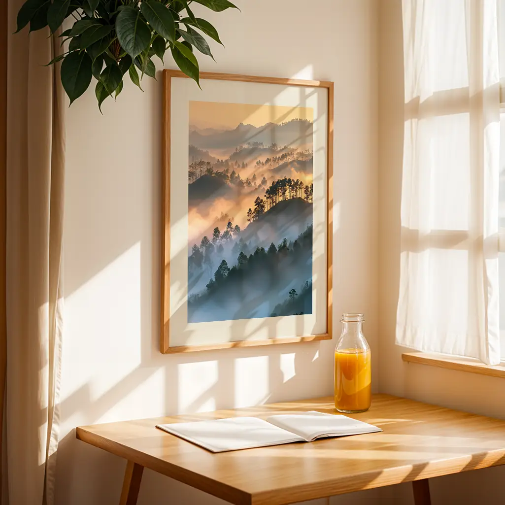 Framed pastel print of a misty mountain view hanging on a wall above a wooden table with an open book and juice.