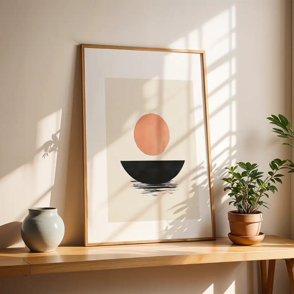 Framed Japandi print on a light wooden shelf next to a gray vase and a potted plant, with strong sun and shadows.