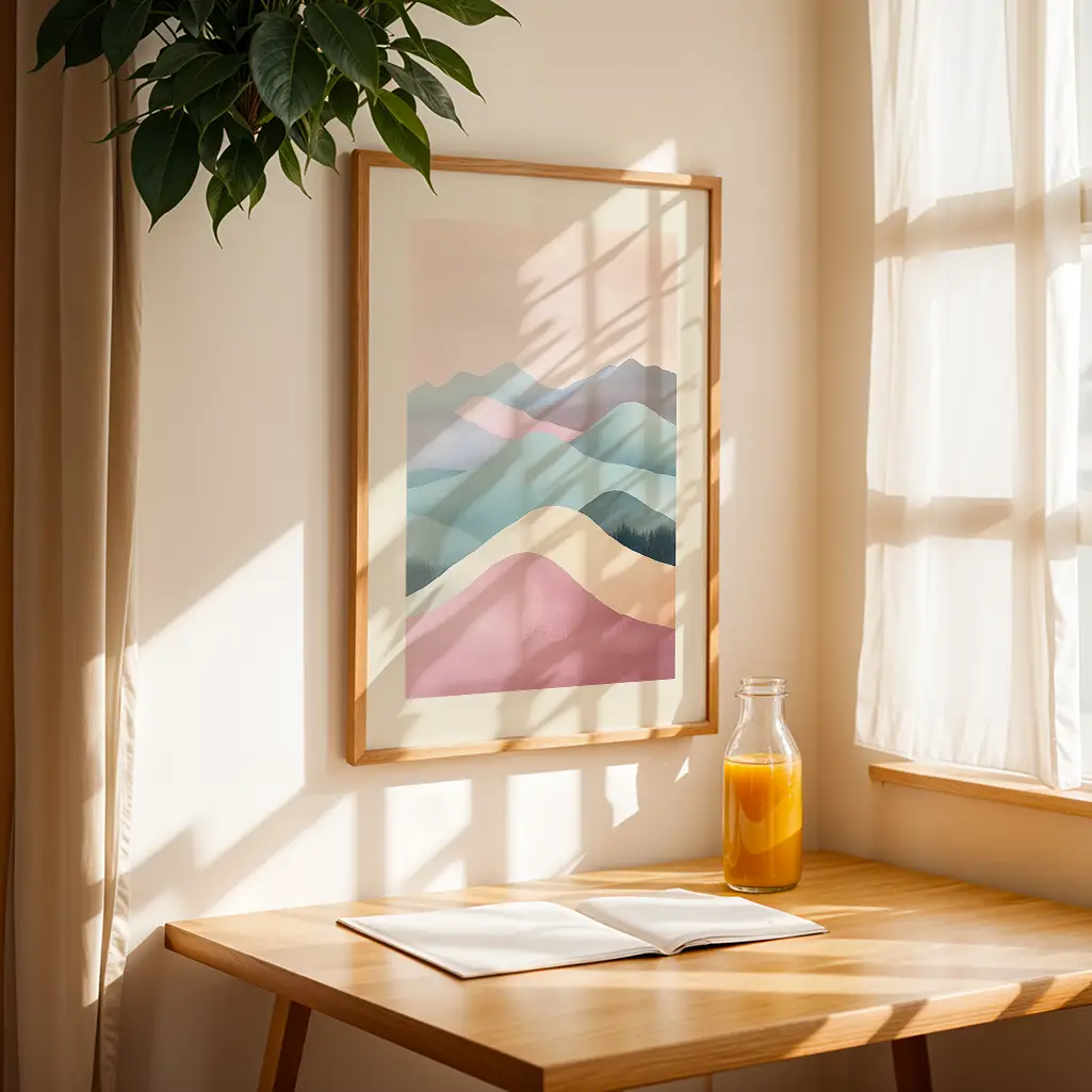 Framed pastel mountain print hanging above a wooden table with an open book and orange juice bottle.