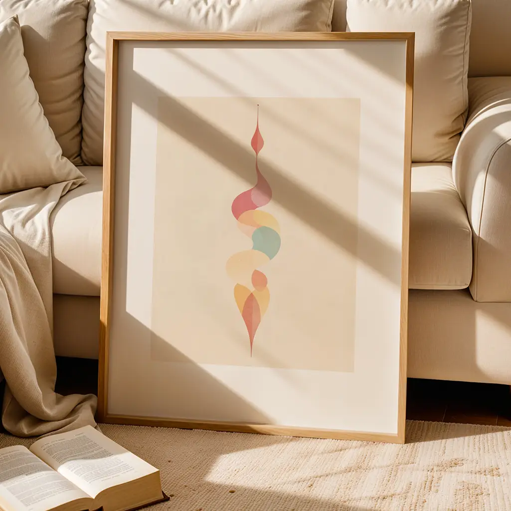 Unalome print in a wooden frame leaning against a cream sofa with a book on the floor.