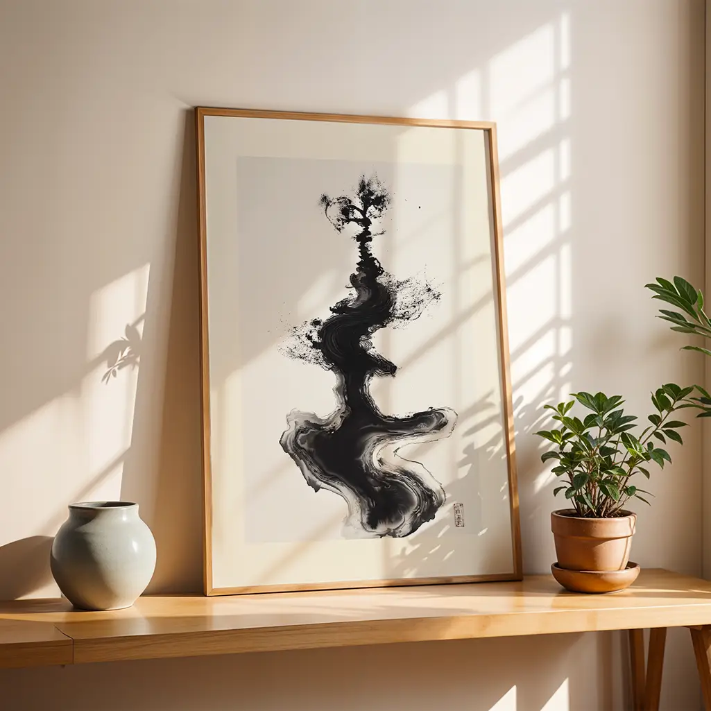 A framed Sumi-e ink print with a dramatic black abstract design, shown leaning on a wooden shelf next to a light blue vase and a potted plant.