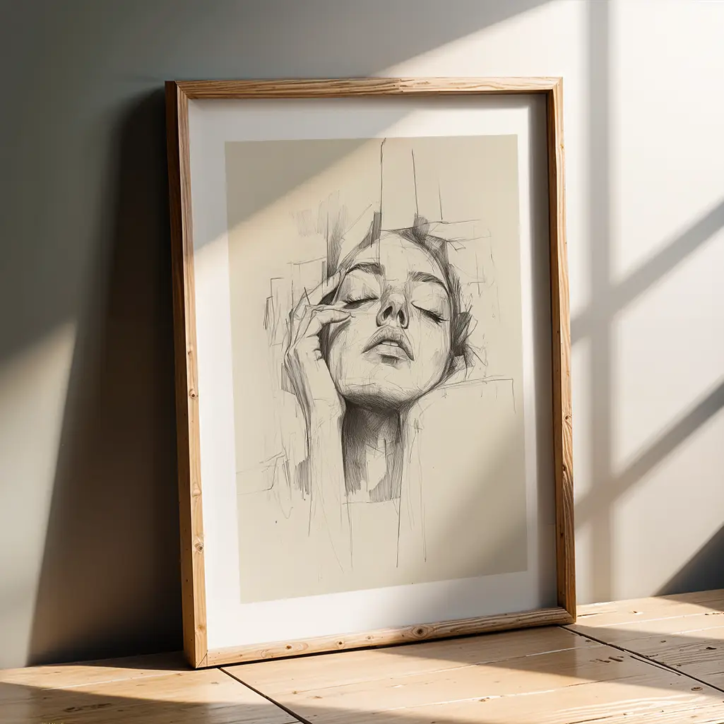 Framed sketch print of a serene woman's face with closed eyes on a wooden floor leaning against a dark grey wall, sun beams illuminating the floor