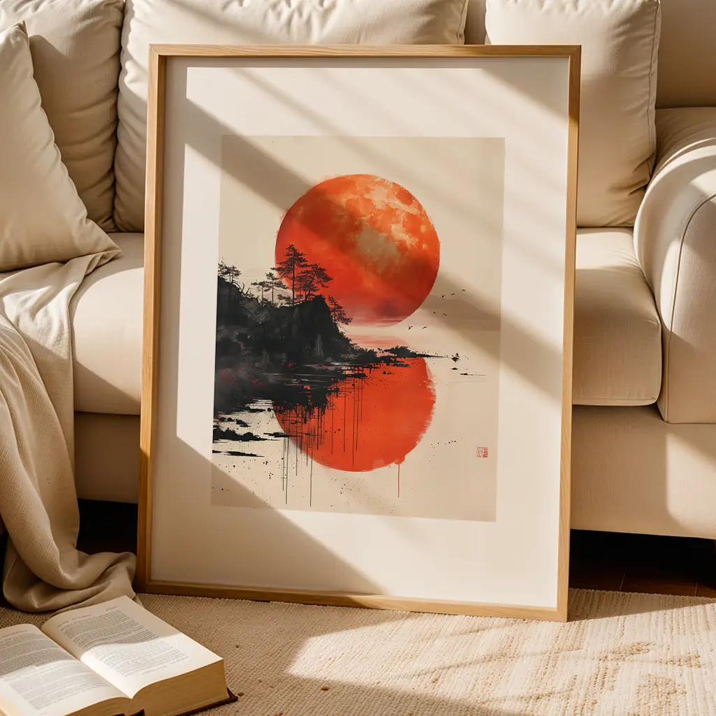 Crimson Lunar Shore Sumi-e Print
