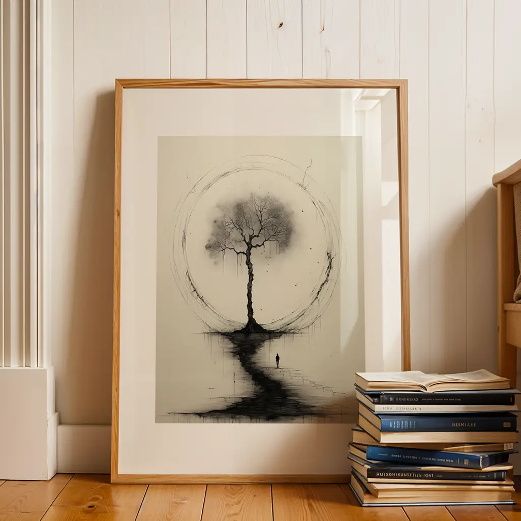 Framed tree artwork with an Ensō circle leaning against a white wooden wall next to a stack of books on a wooden floor.