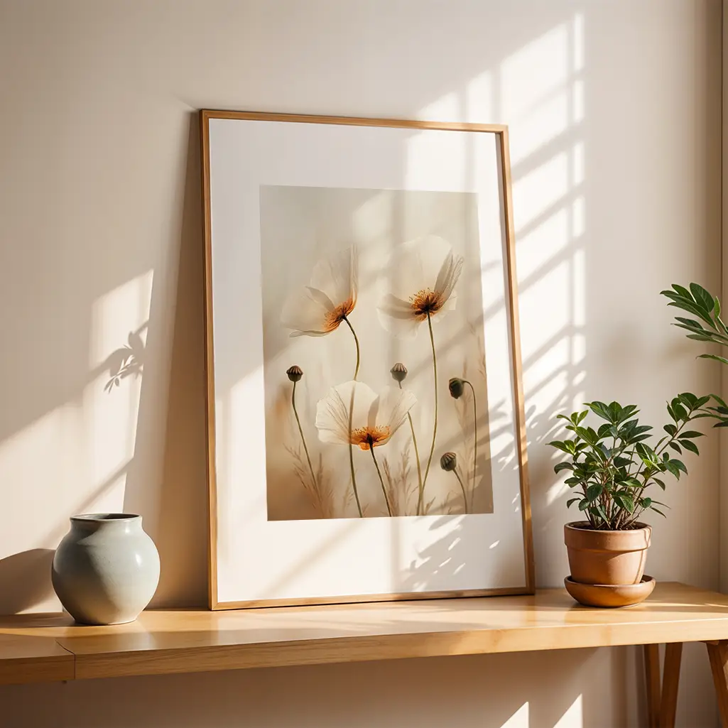 Framed print of white poppies on a wooden shelf next to a grey vase and a small potted green plant, with window shadows.