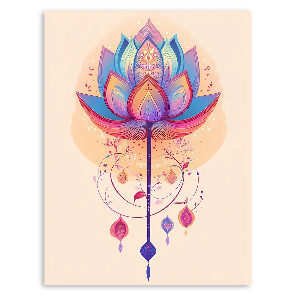 Close-up of a vibrant lotus illustration with intricate details and flowing tendrils.