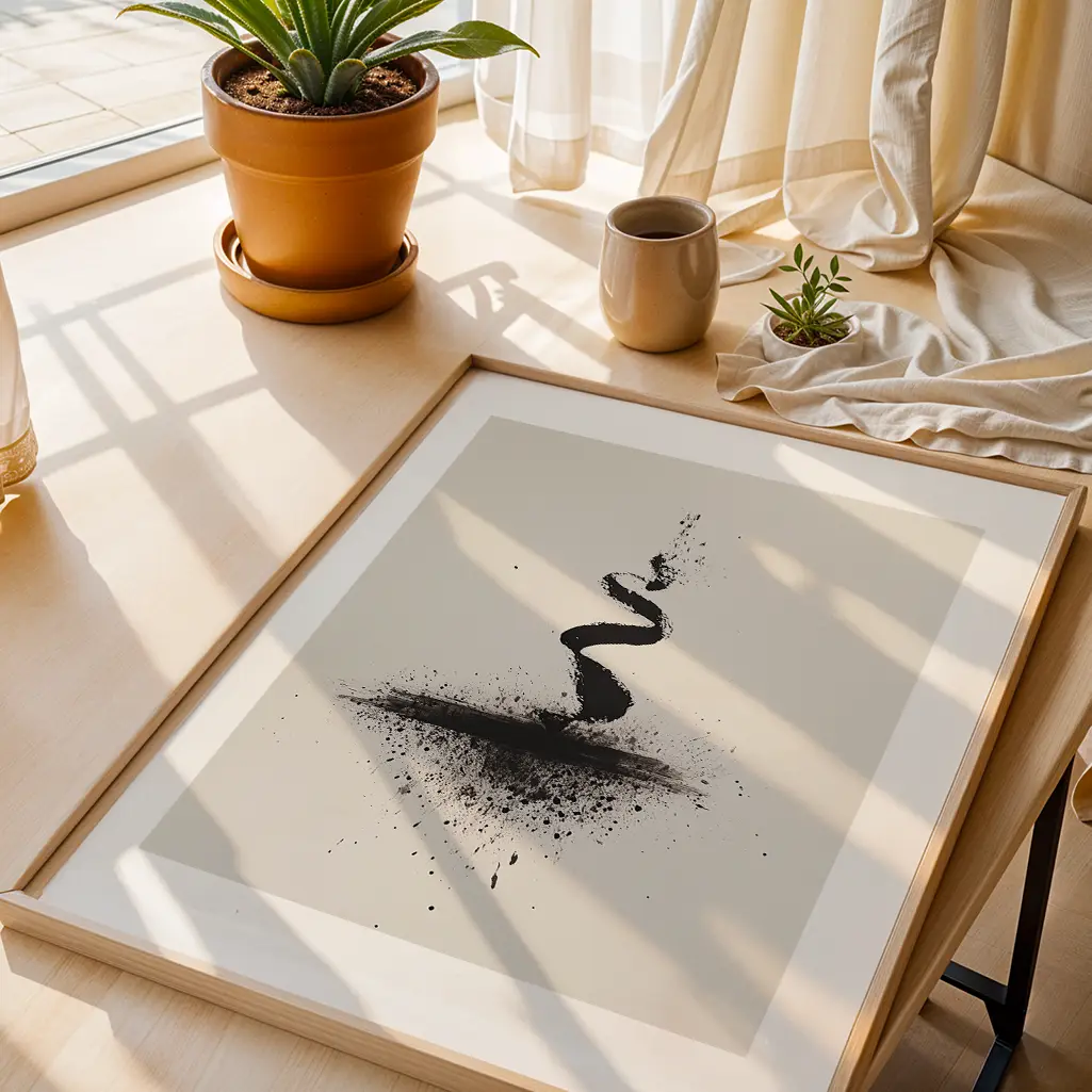 Framed Sumi-e print with a black ink spiral and splatters, angled on a wooden table with a potted plant, mug, and small plant in the background.