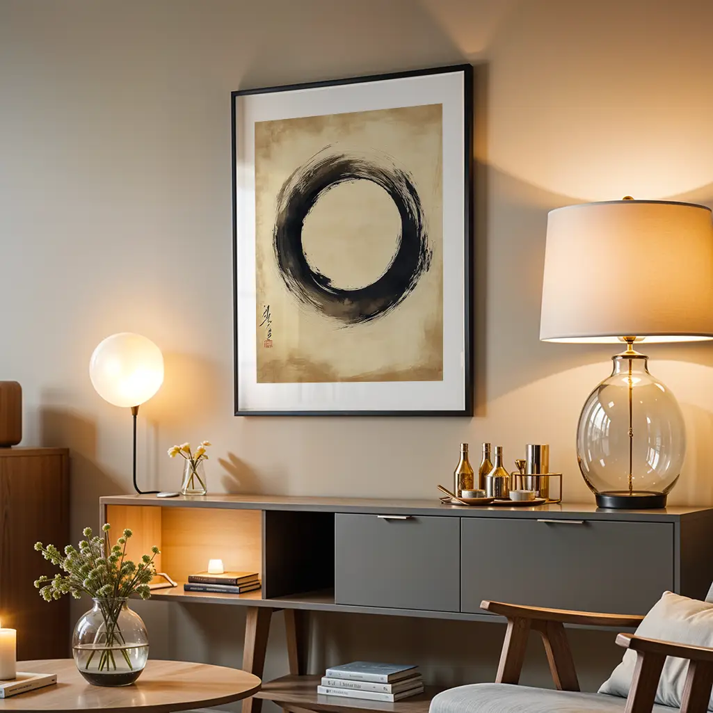 Ensō print in a black frame hanging on a wall in a dimly lit living room with lamps.