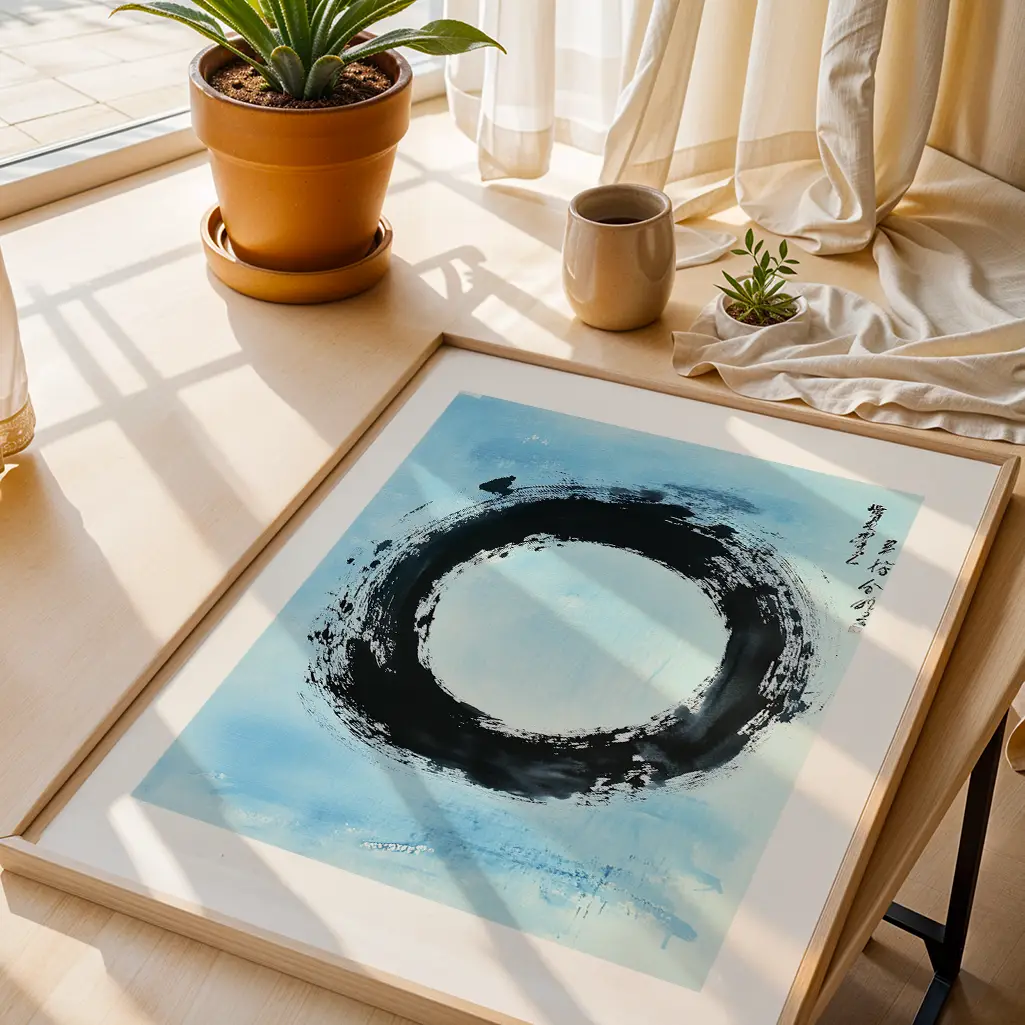 Overhead shot of an Ensō print in a wooden frame, showing a black brushstroke circle on a light blue ground, near potted plants and a window.