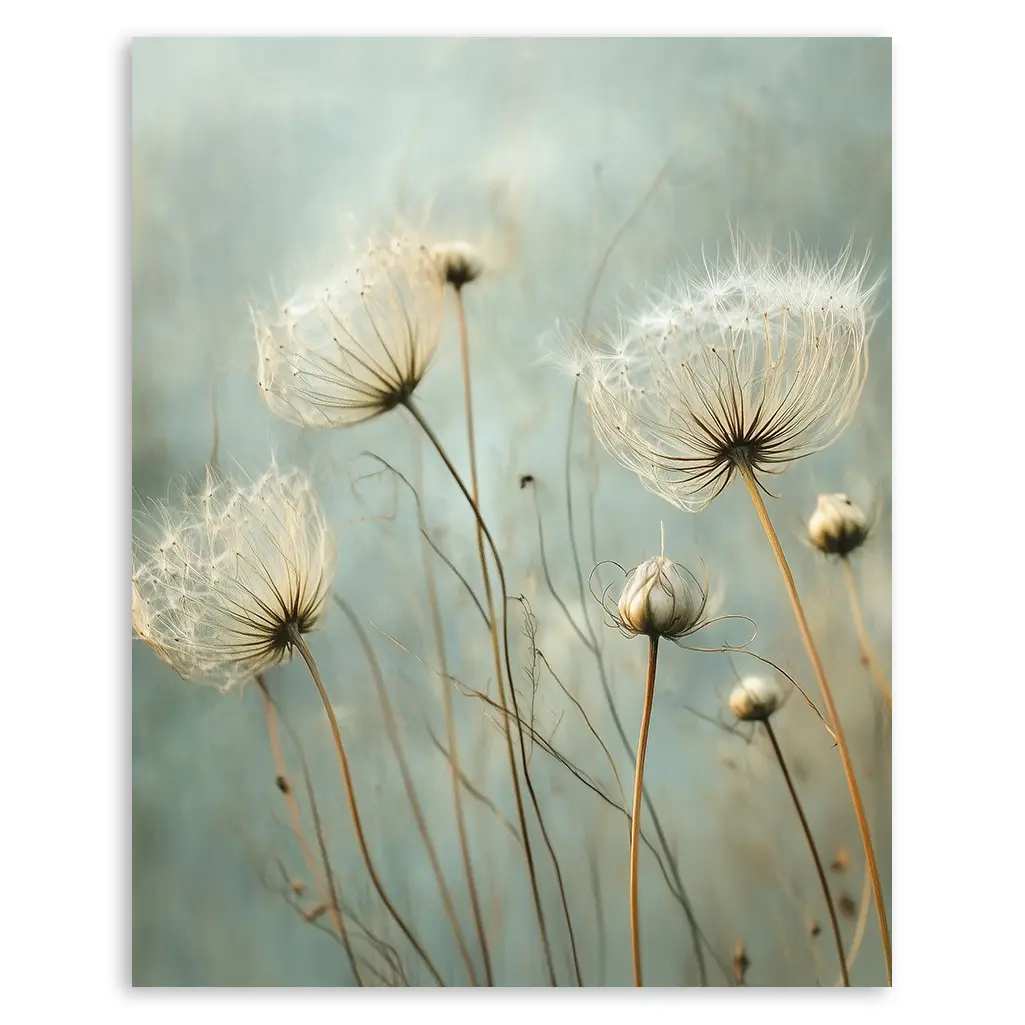 Close-up of a botanical print showing delicate dandelions with fluffy seed heads against a soft blue-green background.