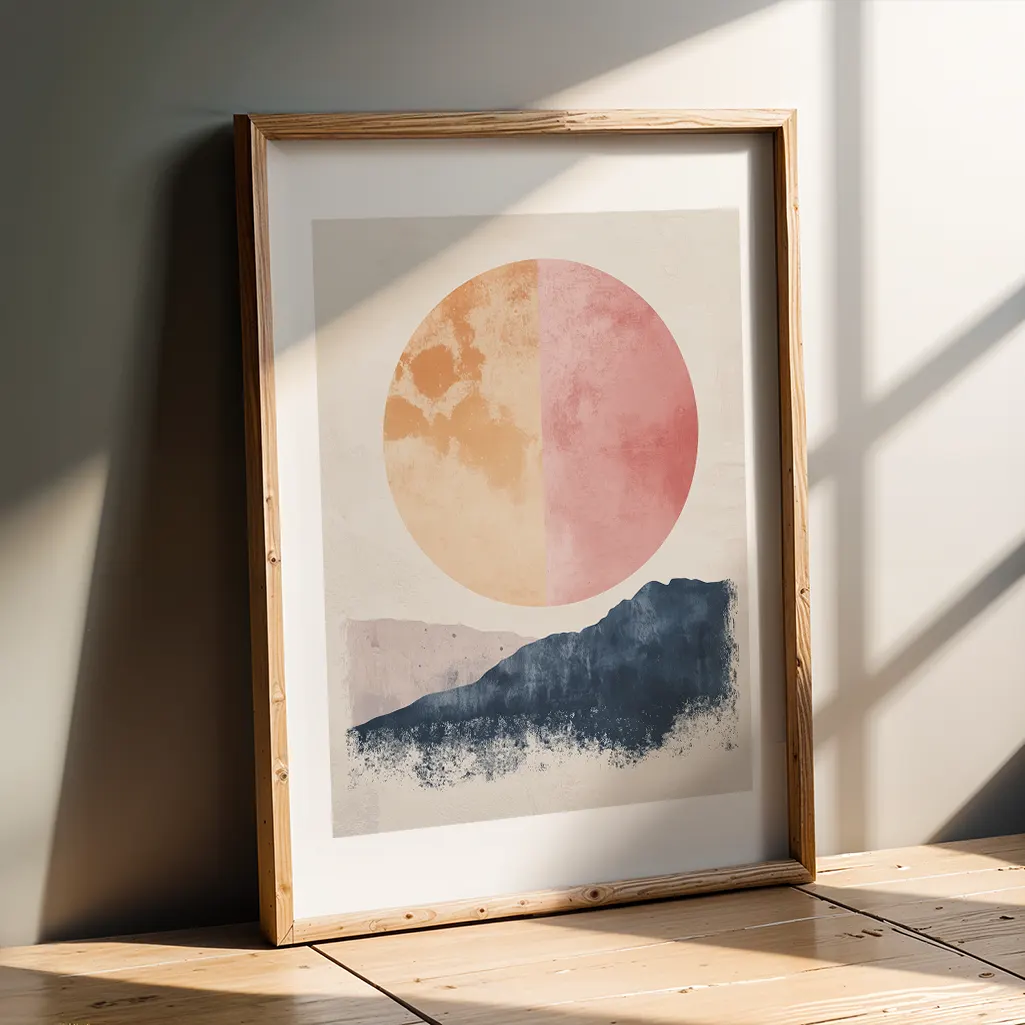 Framed abstract art print leaning against a light grey wall and wooden floor, illuminated by soft sunlight.