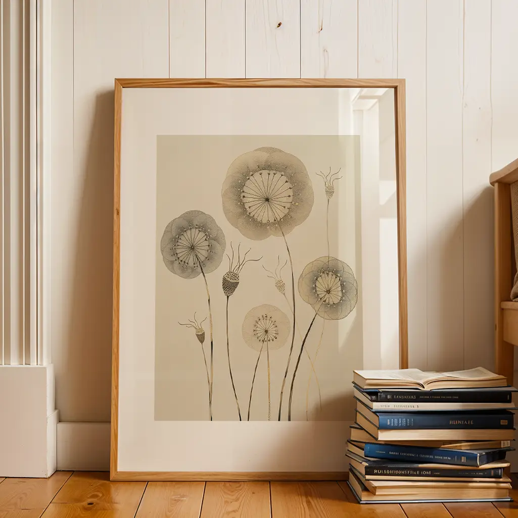 Framed botanical print of dandelion-like flowers leaning against a white wooden wall, with a stack of books on the floor.