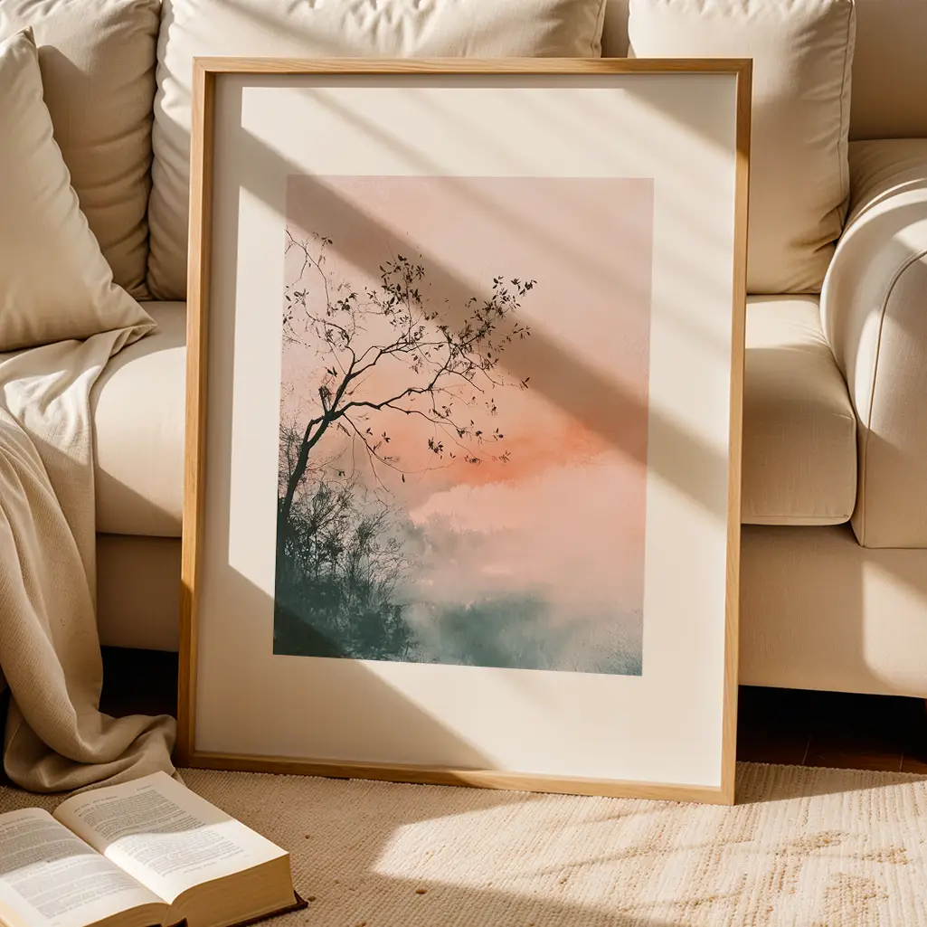 Framed pastel print of a tree silhouette on a rug beside a cream sofa and an open book.