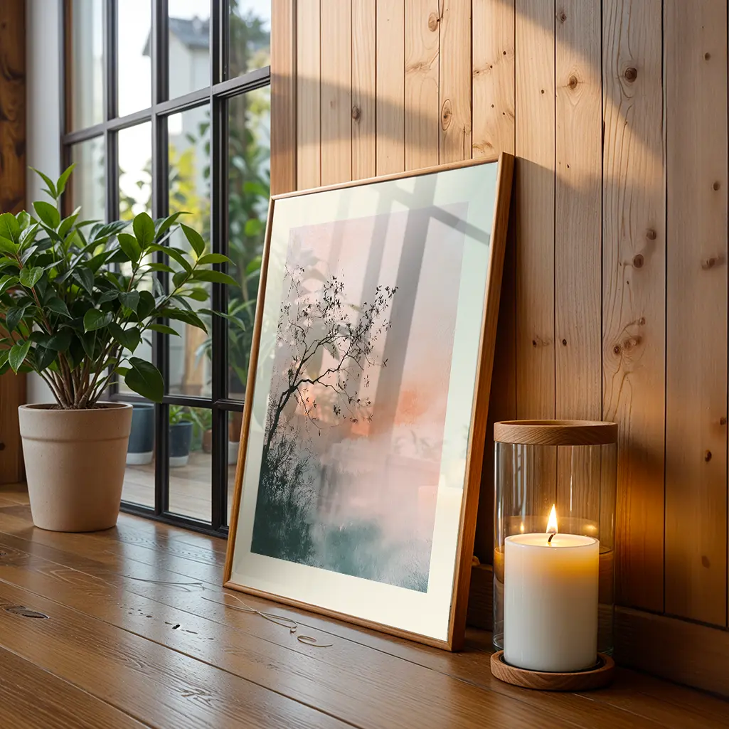 Framed pastel print on a wooden floor with a green plant and a burning candle, sunlit.
