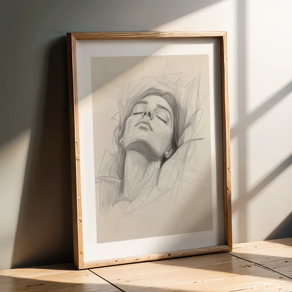 Framed sketch of a sleeping woman leaning against a dark wall with sunlight stripes