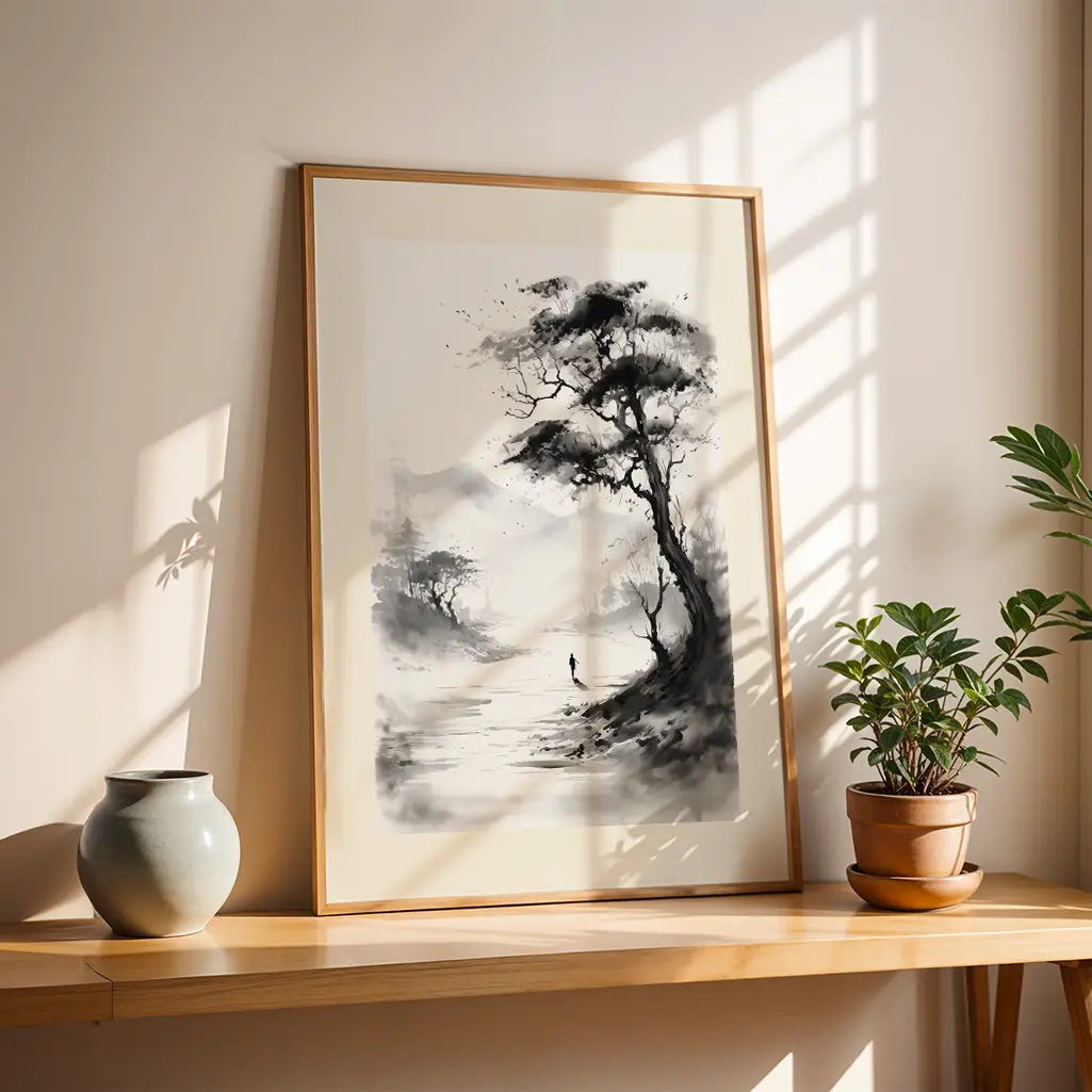 Sumi-e print in a wooden frame on a wooden shelf next to a plant and a vase, with sunlight.
