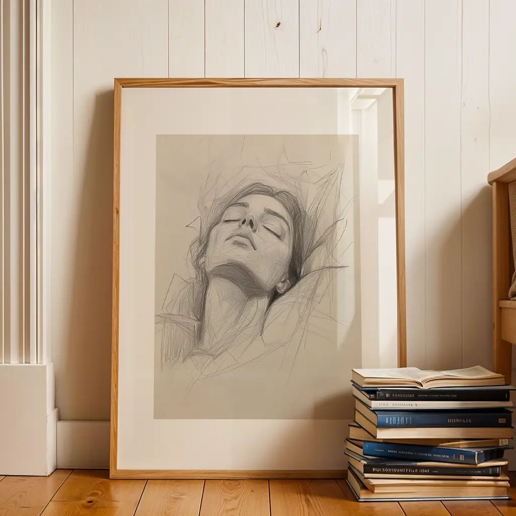 Framed sketch of a sleeping woman on a wooden floor next to a stack of books