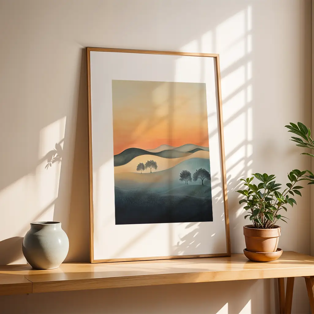 Framed botanical print standing on a wooden shelf next to a gray vase and a potted plant.