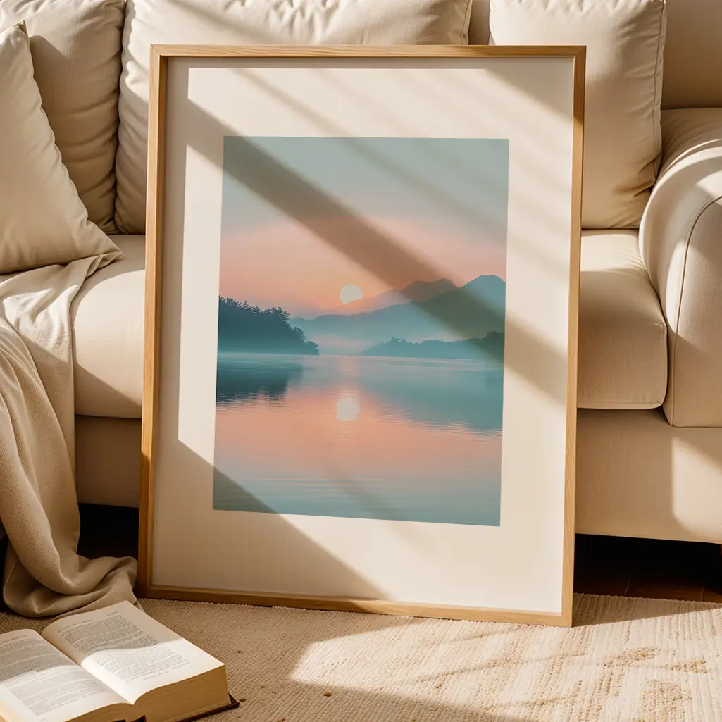 Misty Lakeside Pastel Print — Pastel zen art print poster