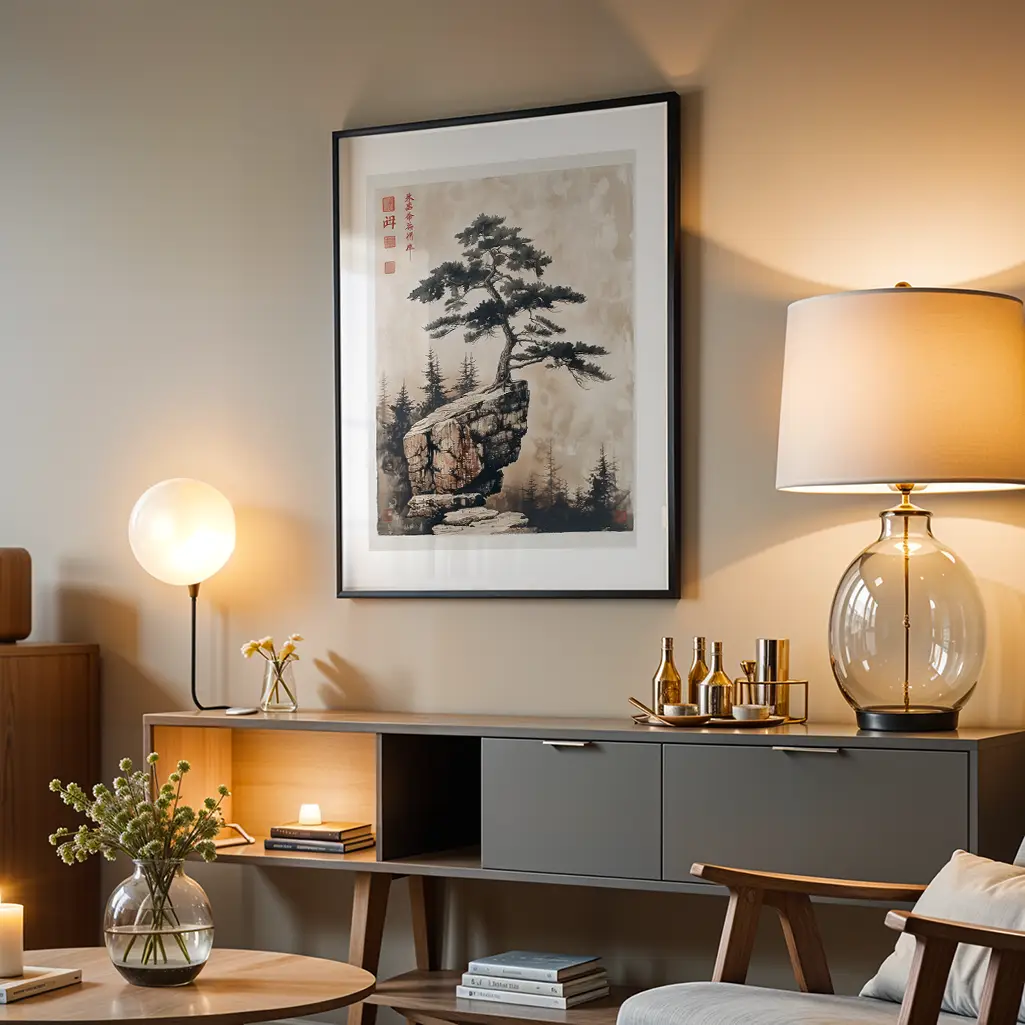 Framed Sumi-e print of a pine tree on a cliff hanging on a wall above a console table with lamps.