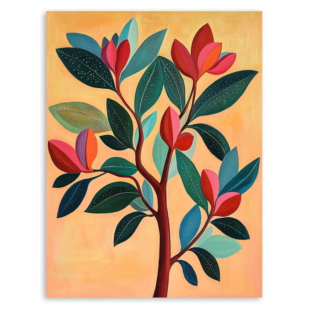 Close-up of a vibrant folk art-style plant illustration with red, teal, and blue leaves on a yellow background.