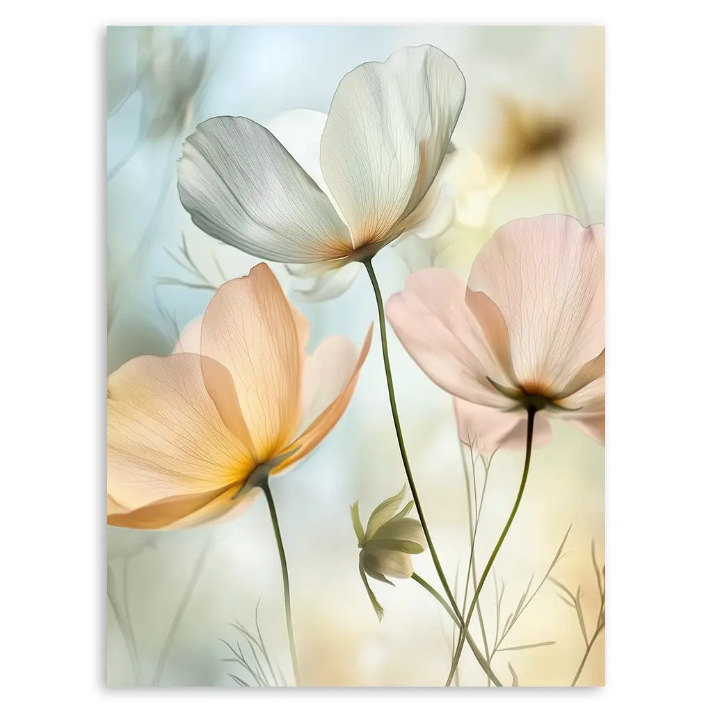 Close-up of the botanical artwork featuring translucent white and peach flowers against a soft blue-yellow background.