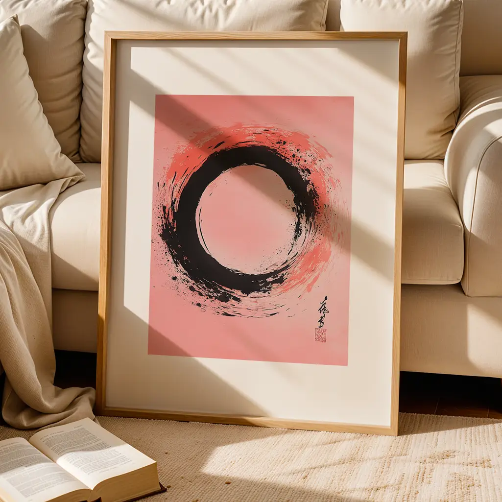 Framed Ensō print on a beige rug, resting against a light cream sofa with an open book nearby.