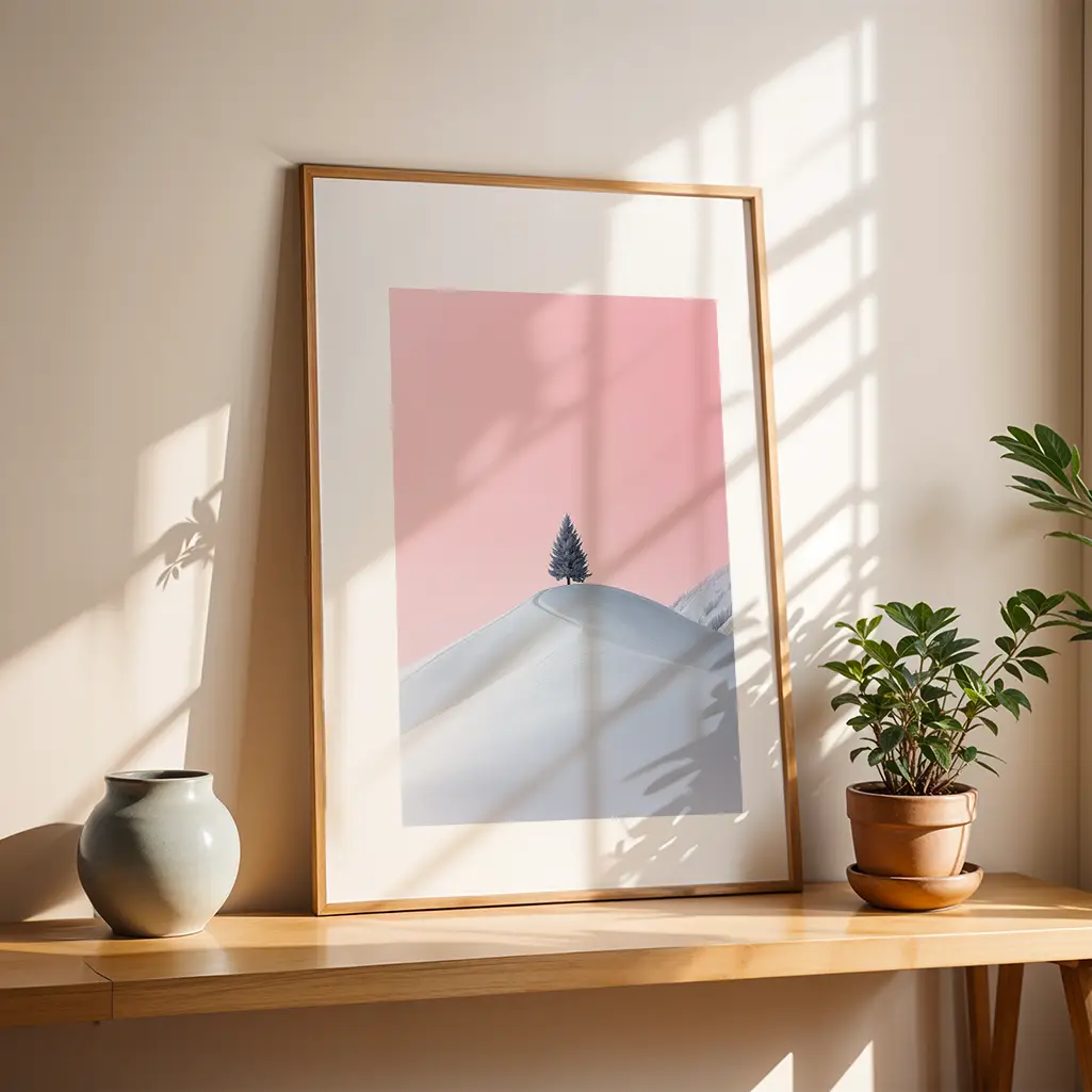 Framed pastel print of a lone tree on a snow-covered hill and pink sky, displayed on a wooden shelf next to a gray vase and a potted plant.