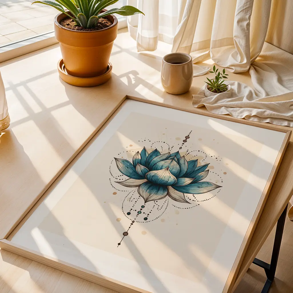 Framed lotus print lying on a wooden table with a potted plant and cup, bathed in sunlight.