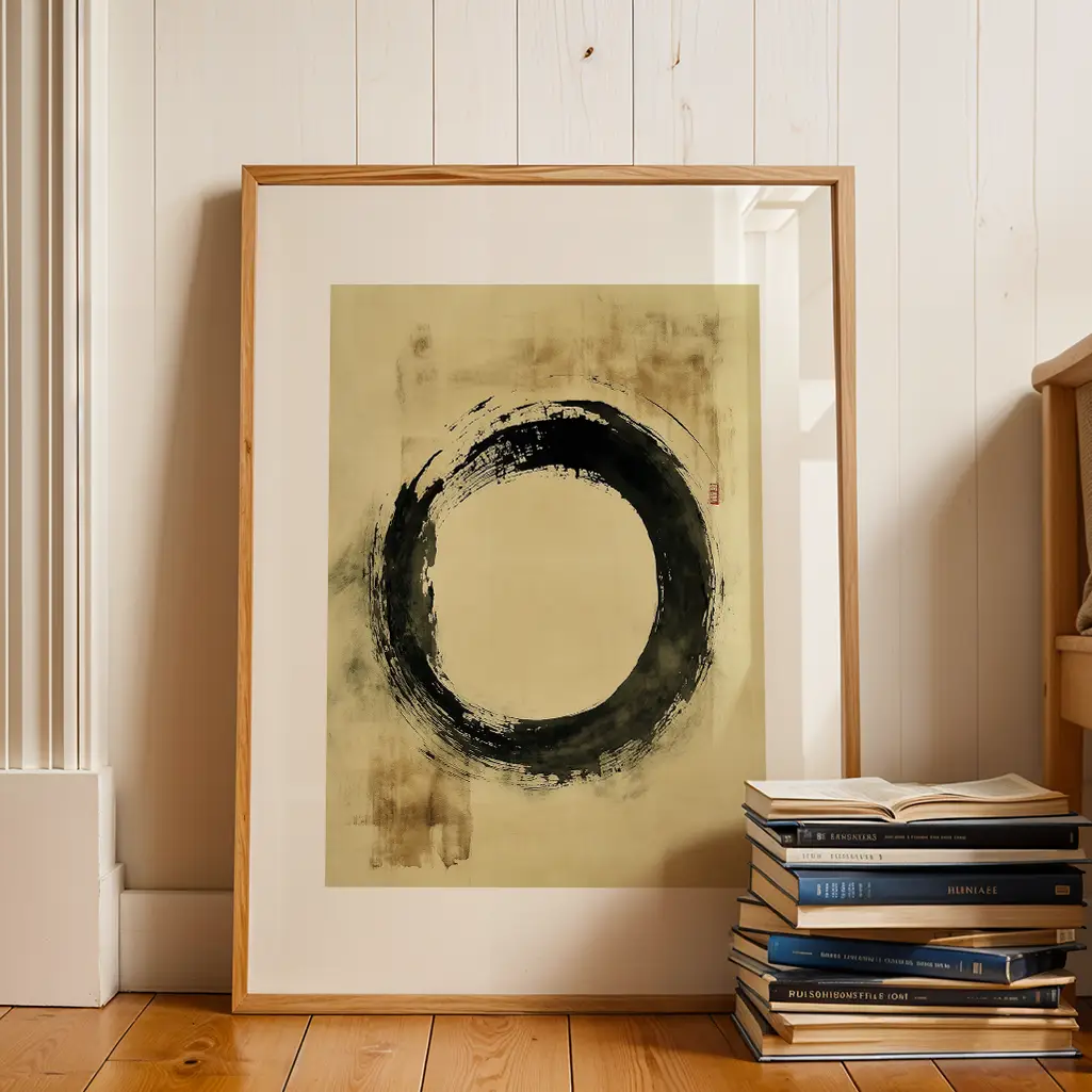 Framed black Ensō print leaning against a white wooden wall, next to a stack of books on a wooden floor.