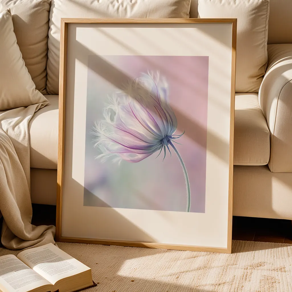 Framed pastel print of a fluffy purple and white flower on the floor leaning against a cream sofa, with an open book on the rug.
