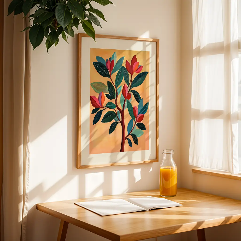 Framed botanical print hanging on a light wall above a wooden table with a notebook and orange juice, by a window.