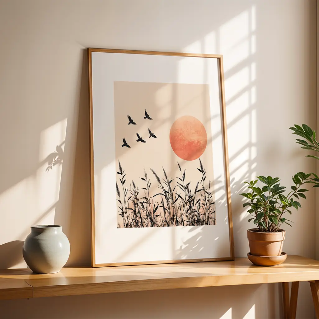 Framed print on a wooden shelf next to a vase and a potted plant, with sunlight casting shadows.